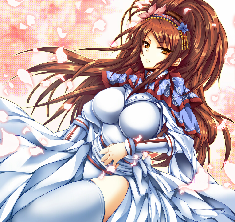 1girl breasts brown_eyes brown_hair cherry_blossoms impossible_clothes large_breasts long_hair looking_at_viewer pout sangokushi_taisen solo thigh-highs tokonaru white_legwear