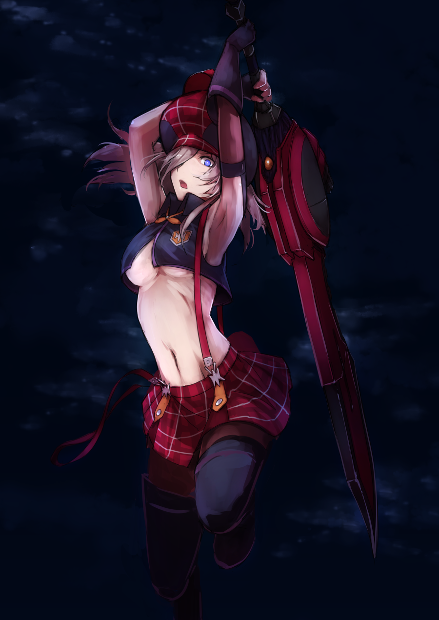 1girl alisa_ilinichina_amiella armpits arms_behind_head arms_up blue_eyes boots breasts cabbie_hat elbow_gloves fingerless_gloves gloves god_eater hat highres huge_weapon large_breasts long_hair looking_at_viewer navel open_mouth pantyhose plaid silver_hair skirt sky solo suspender_skirt suspenders sword thigh-highs thigh_boots under_boob weapon