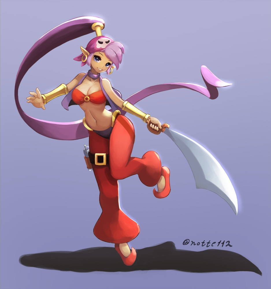 1girl bandana bandeau blue_eyes bracer breasts cleavage cutlass_(sword) earrings gun handgun harem_pants hoop_earrings jewelry long_hair midriff navel notte pants pistol pointy_ears ponytail purple_hair shantae shantae_(character) shantae_and_the_pirate's_curse shoes simple_background smile solo standing_on_one_leg sword thigh_strap very_long_hair vest weapon
