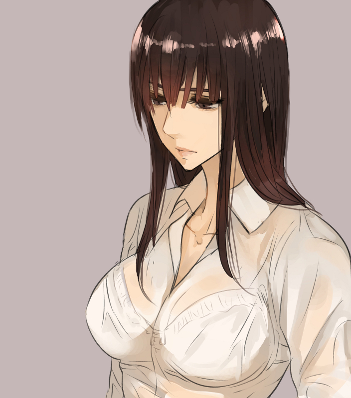 1girl beige_background bra brown_eyes brown_hair collarbone collared_shirt expressionless hair_between_eyes half-closed_eyes jonasan lips long_hair looking_down original see-through shirt sidelocks simple_background solo underwear upper_body wet wet_clothes wet_shirt white_bra