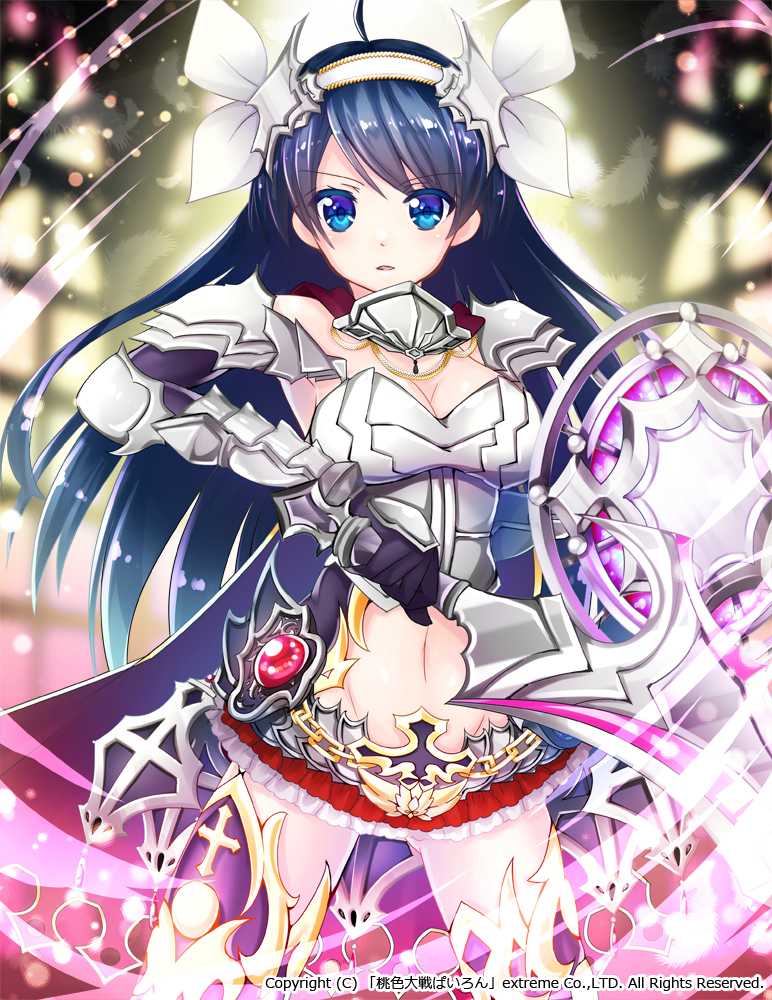 1girl armpits belt black_gloves blue_eyes blue_hair blush boots breastplate breasts choker cleavage cross feathers gauntlets gem gloves hair_ribbon hairband holding_sword holding_weapon looking_at_viewer miniskirt navel navel_cutout original parted_lips red_skirt ribbon ruby_(stone) shield skirt solo stomach sword thigh-highs thigh_boots weapon white_ribbon yaki_mayu zettai_ryouiki