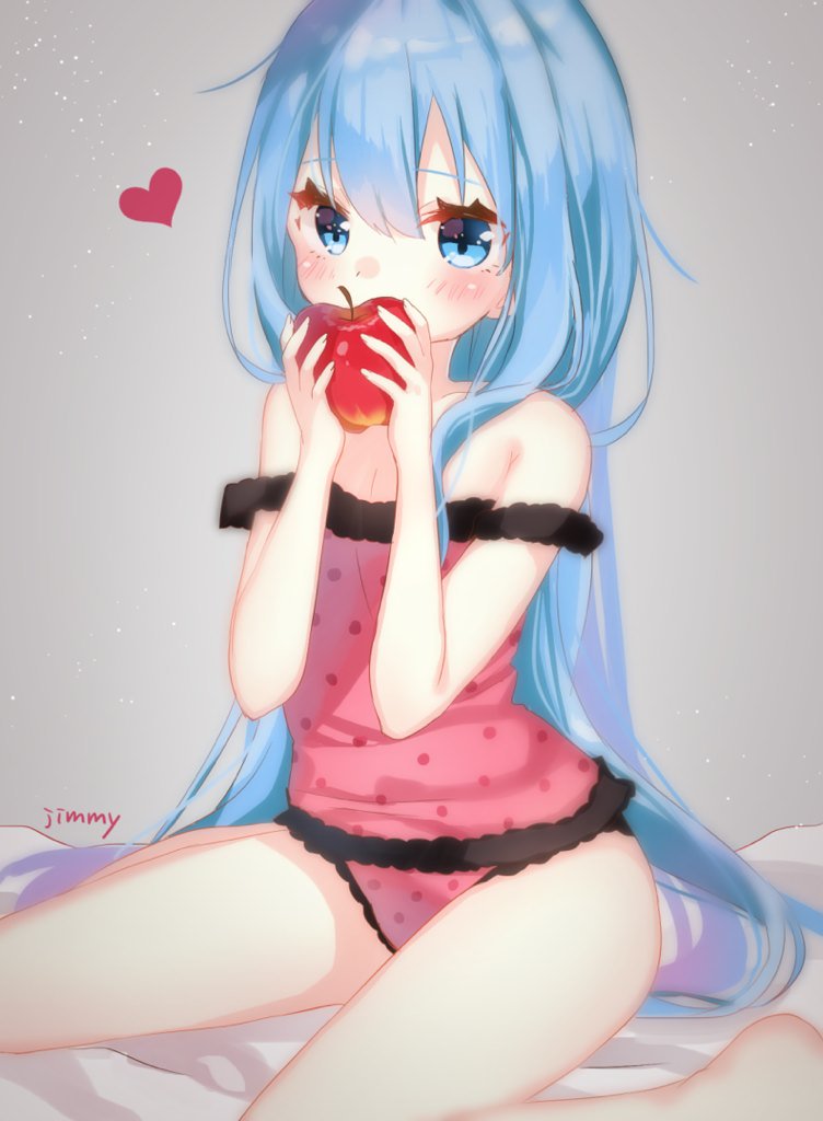1girl apple aqua_eyes aqua_hair artist_name bed_sheet camisole dress food fruit hair_down hatsune_miku holding holding_fruit jimmy long_hair off_shoulder panties romeo_to_cinderella_(vocaloid) solo twintails underwear vocaloid