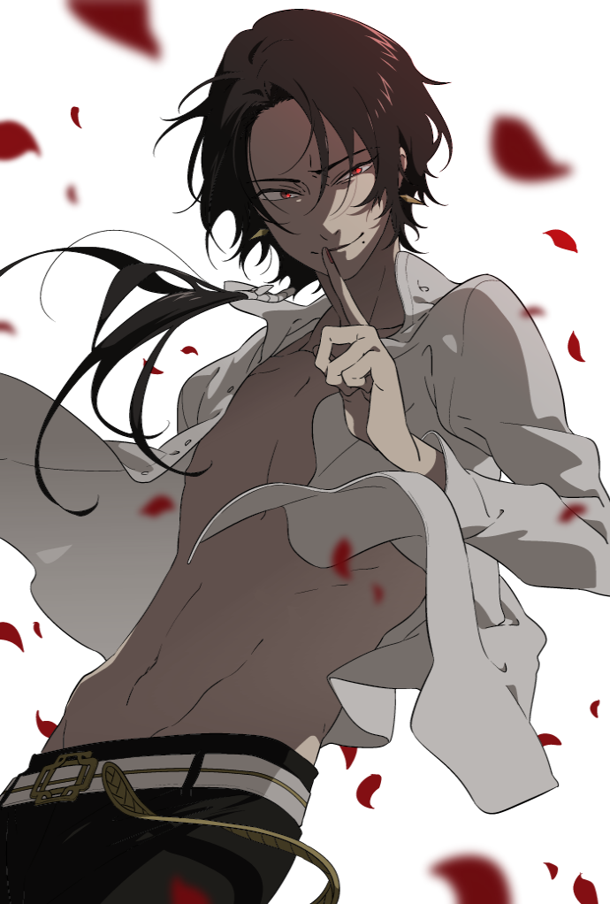 1672 1boy brown_hair earrings finger_to_mouth jewelry kashuu_kiyomitsu male_focus mole mole_under_mouth open_clothes open_shirt petals ponytail red_eyes shirt touken_ranbu