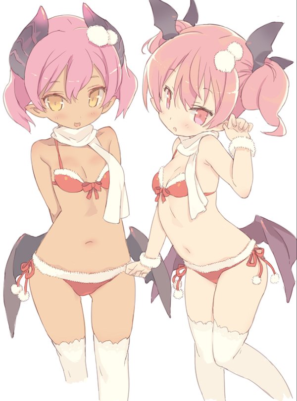 2girls :o arm_up armpits arms_behind_back bikini black_ribbon blade_(galaxist) blush breasts cleavage contrapposto copyright_request dark_skin fur_trim hair_ribbon horns looking_at_viewer low_wings midriff multiple_girls navel over-kneehighs parted_lips pink_eyes pink_hair red_bikini ribbon santa_costume scarf short_hair side-tie_bikini simple_background small_breasts standing stomach swimsuit thigh-highs tsurime two_side_up wavy_mouth white_background white_legwear white_scarf wings wrist_cuffs
