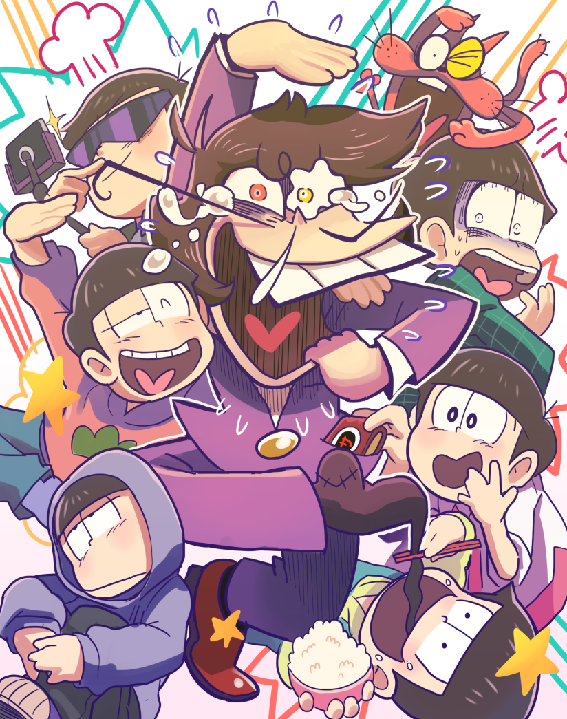 6+boys bowl_cut brothers brown_hair buck_teeth chopsticks choromatsu dress_shirt facial_hair flying_sweatdrops formal gashi-gashi heart heart_in_mouth heterochromia hoodie ichimatsu iyami jyushimatsu karamatsu leg_hug male_focus mouretsu_ataro multiple_boys mustache necktie nyarome osomatsu-kun osomatsu-san osomatsu_(osomatsu-kun) pink_necktie plaid plaid_shirt purple_suit rice rice_bowl self_shot selfie_stick sextuplets shaded_face sheeeh! shirt shoes shorts siblings smile sneakers star suit sunglasses surprised todomatsu wallet