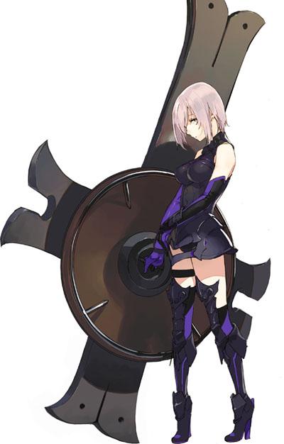 1girl animal_ears armor armored_boots armored_dress breasts fate/grand_order fate_(series) full_body gauntlets high_heels looking_at_viewer pako purple_hair shield shielder_(fate/grand_order) simple_background solo white_background