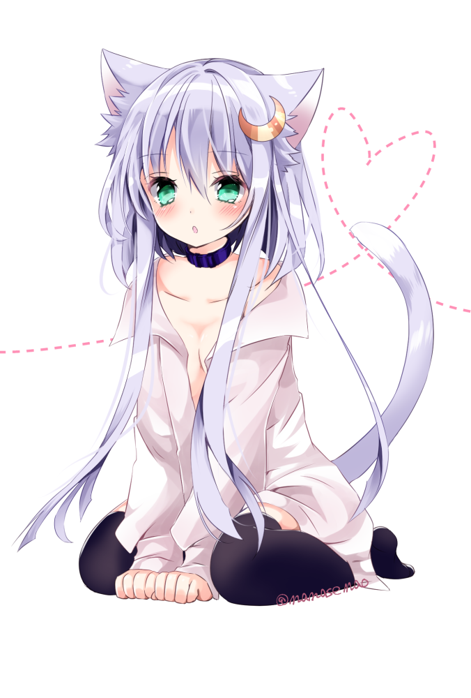 1girl :o animal_ears aqua_eyes artist_name between_legs blush breasts cat_ears cat_tail choker cleavage collarbone crescent_hair_ornament crescent_moon_pin hair_between_eyes hair_ornament hand_between_legs heart kantai_collection kemonomimi_mode long_sleeves looking_at_viewer nanase_nao no_bra open_clothes open_shirt parted_lips purple_hair shirt short_hair_with_long_locks sidelocks simple_background sitting small_breasts solo tail thigh-highs wariza white_background yayoi_(kantai_collection) zettai_ryouiki