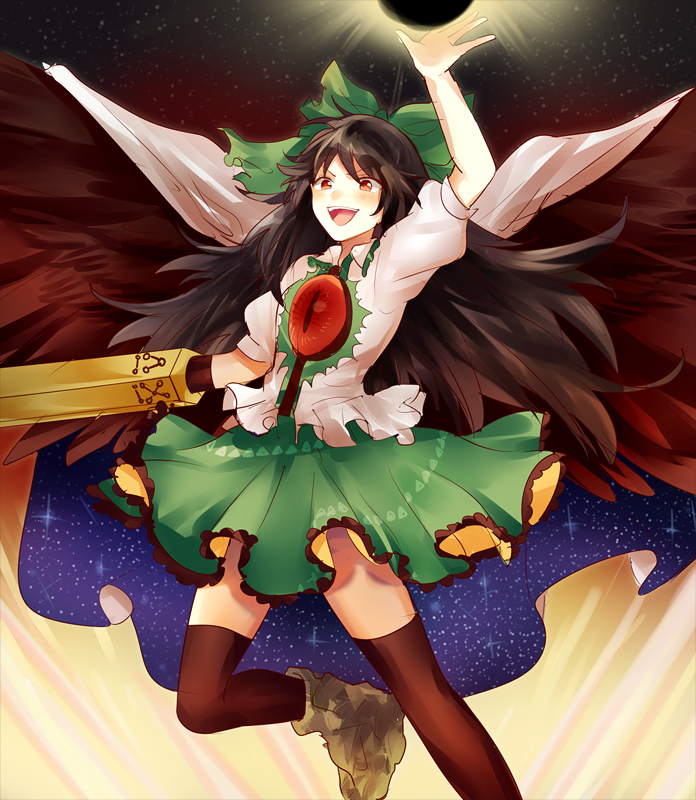 1girl :d arm_cannon bangs black_hair boots bow cape frills green_bow green_skirt hair_bow long_hair open_mouth puffy_short_sleeves puffy_sleeves raised_hand red_eyes reiuji_utsuho shirt short_sleeves sketch skirt smile solo starry_sky_print teeth thigh-highs touhou weapon white_shirt yuli_(yulipo)