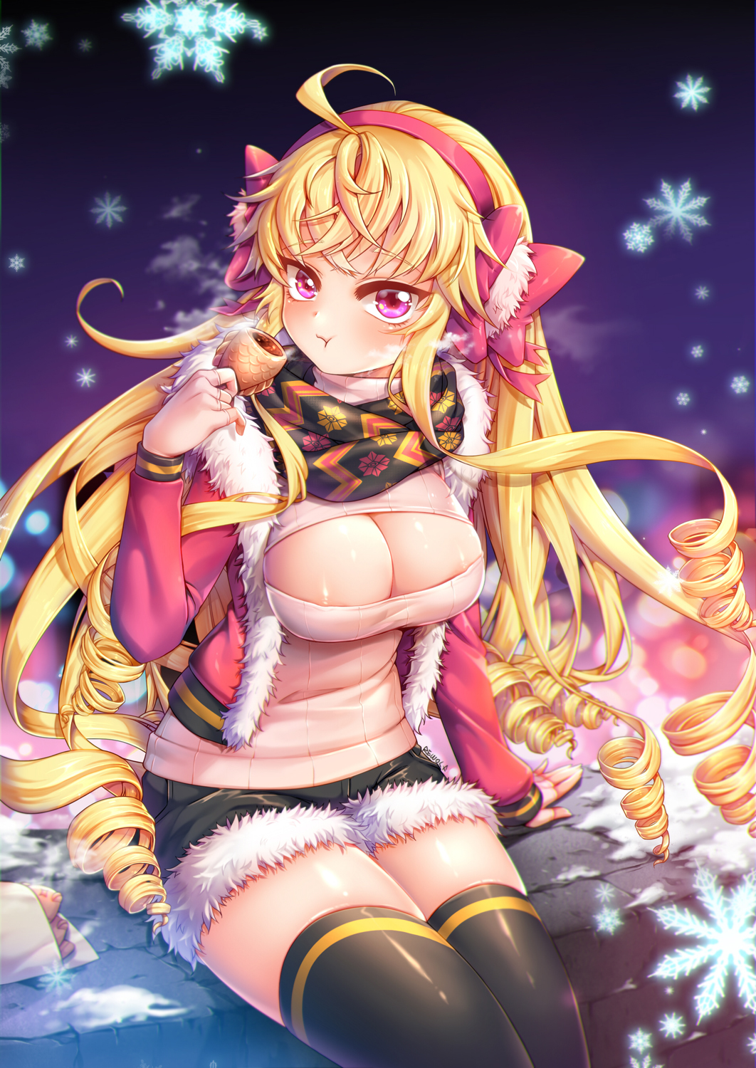 1girl :t ahoge arm_at_side artist_request bangs black_legwear black_shorts blonde_hair blurry blush bokeh breasts cinia_pacifica cleavage cleavage_cutout depth_of_field earmuffs eating food fur-lined_jacket fur_trim hairband highres holding_food jacket large_breasts long_hair long_sleeves looking_at_viewer on_wall open-chest_sweater open_clothes open_jacket pink_eyes pink_jacket ringlets scarf short_shorts shorts sitting snow snowflakes solo steam stone_wall sweater sword_girls taiyaki thigh-highs very_long_hair wagashi wall winter_clothes