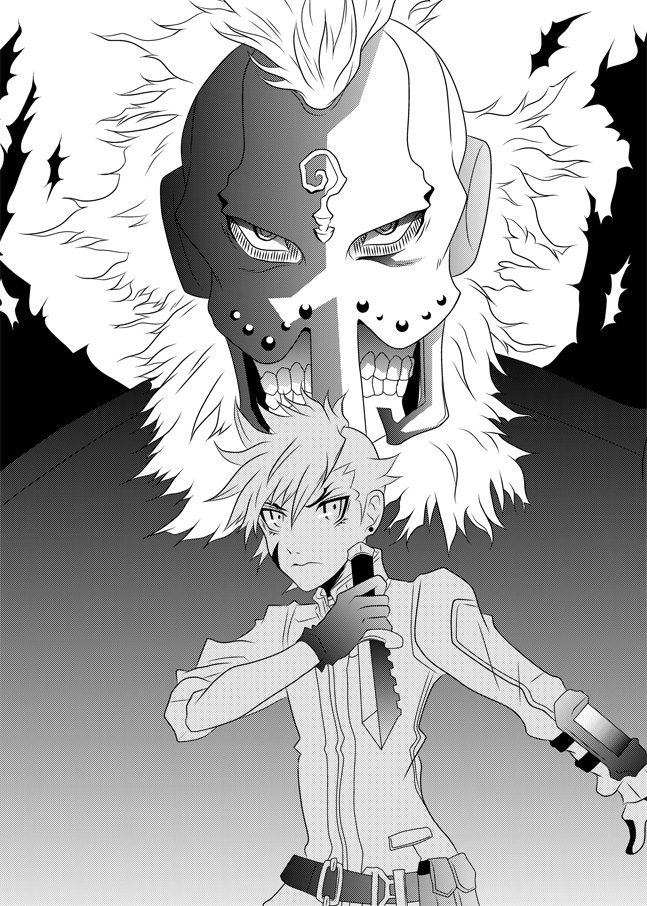 2boys artist_request dagda greyscale knife monochrome multiple_boys nanashi_(shin_megami_tensei_iv_final) shin_megami_tensei shin_megami_tensei_iv_final tagme