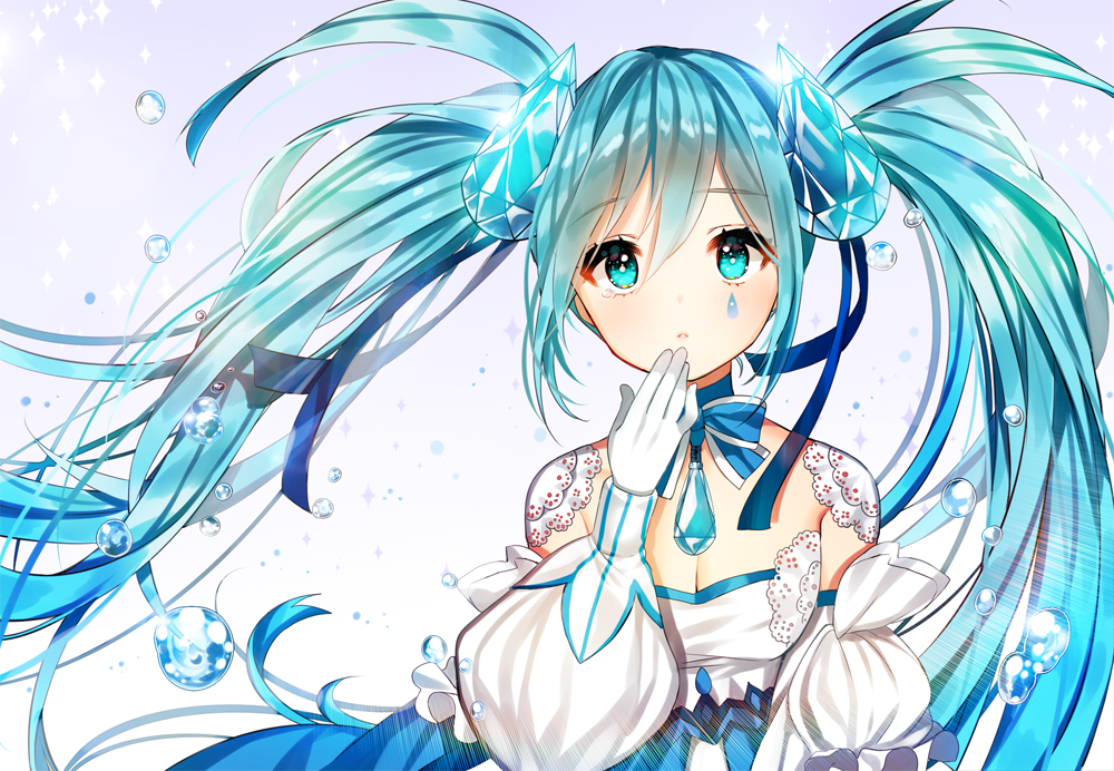 1girl aqua_eyes aqua_hair blush breasts choker cleavage detached_puffy_sleeves detached_sleeves facial_mark gabe_(seelunto) gem gloves hatsune_miku long_hair parted_lips puffy_sleeves solo sparkle tears twintails vocaloid water_droplets white_background white_gloves