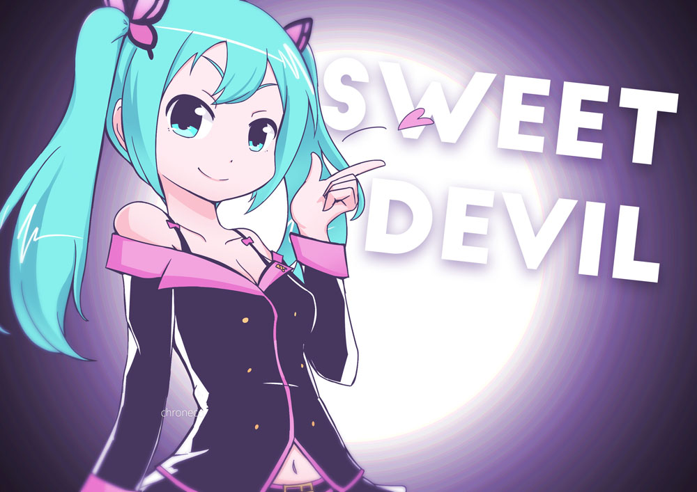 1girl aqua_eyes aqua_hair artist_name breasts butterfly_hair_ornament chroneco cleavage collarbone copyright_name hair_ornament hatsune_miku heart long_hair looking_at_viewer navel project_diva project_diva_f smile solo sweet_devil_(vocaloid) twintails vocaloid