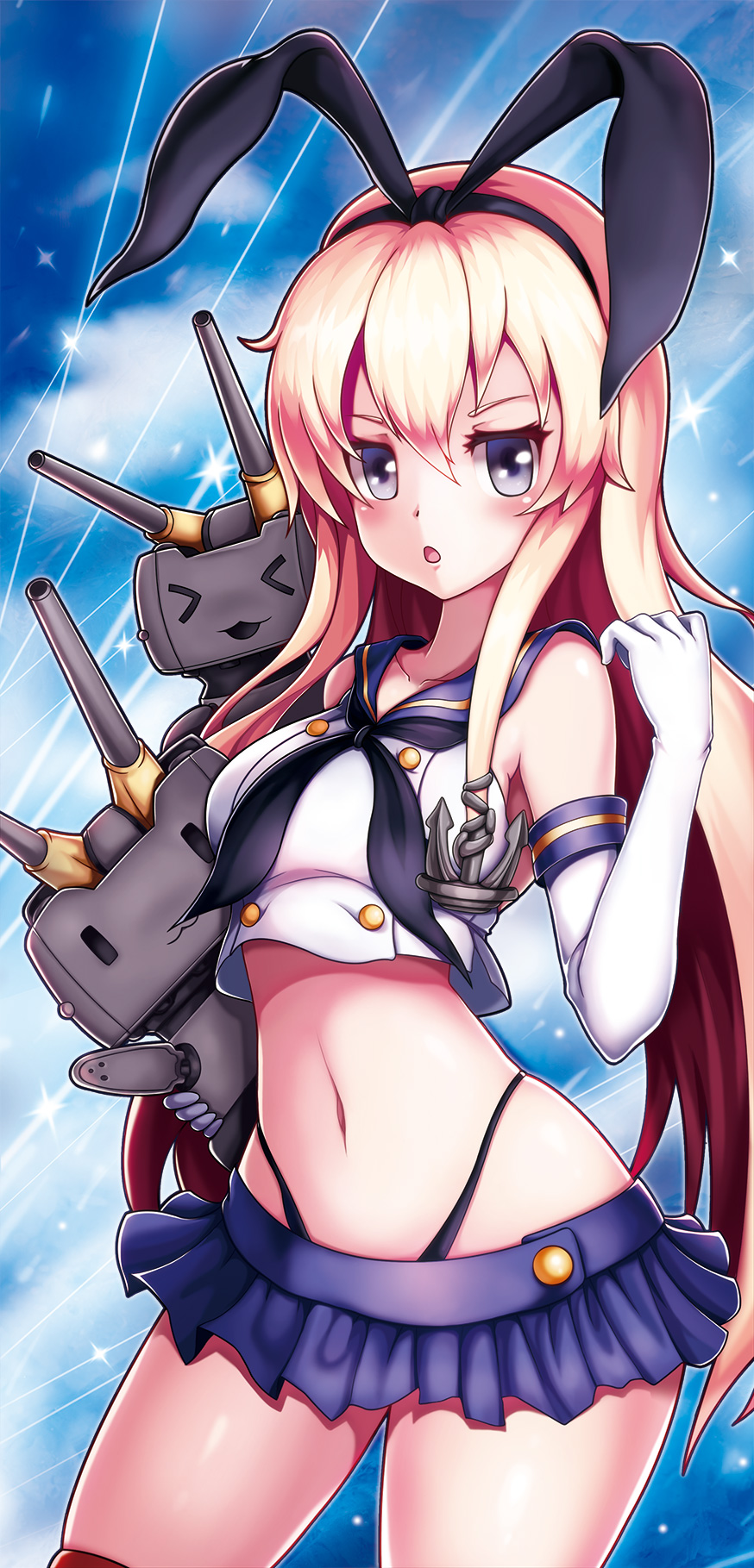 &gt;_&lt; 1girl :3 :d anchor_hair_ornament blonde_hair carrying closed_eyes elbow_gloves fuyu_no_usagi g-string gloves grey_eyes hair_ornament hairband highres kantai_collection long_hair looking_at_viewer machinery navel open_mouth panties pleated_skirt rensouhou-chan school_uniform serafuku shimakaze_(kantai_collection) skirt smile thong turret underwear white_gloves x3