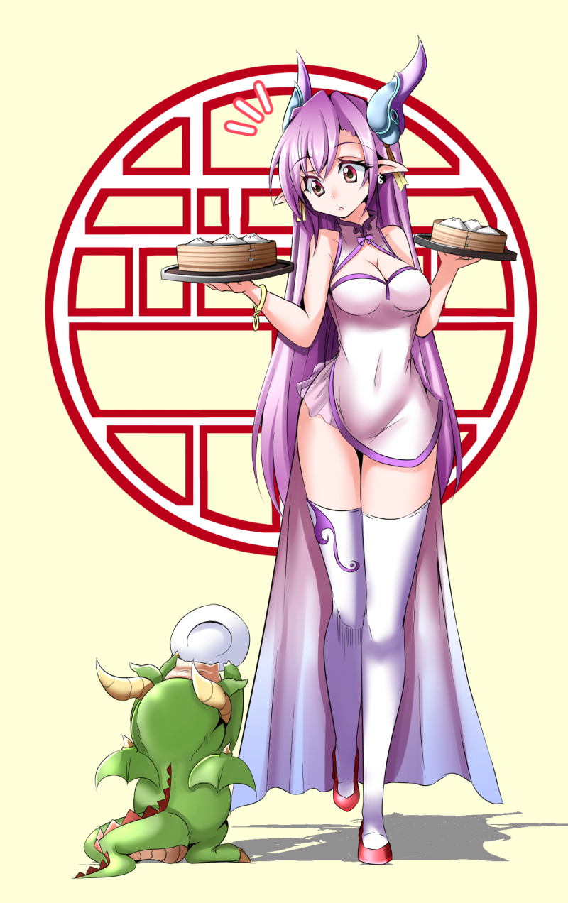 1girl :o baozi box bracelet breasts carrying chinese_clothes cleavage cleavage_cutout covered_navel food full_body hair_ornament headgear highres hips holding_plate horns jewelry long_hair looking_down mini_dragon mito_yoshihiro original parted_lips plate pointy_ears purple_hair red_eyes red_shoes see-through shoes simple_background skin_tight thigh-highs thigh_gap very_long_hair walking white_legwear wings yellow_background yin_yang_earrings zettai_ryouiki