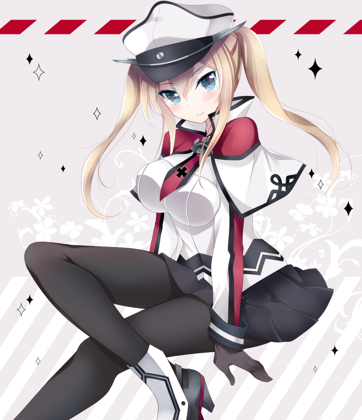 1girl bangs black_gloves black_legwear black_skirt blonde_hair blue_eyes blush breasts capelet celtic_knot closed_mouth gloves graf_zeppelin_(kantai_collection) hair_between_eyes hat ichiyou_moka kantai_collection large_breasts long_hair looking_at_viewer miniskirt necktie pantyhose peaked_cap pleated_skirt shoes skirt smile solo sparkle twintails