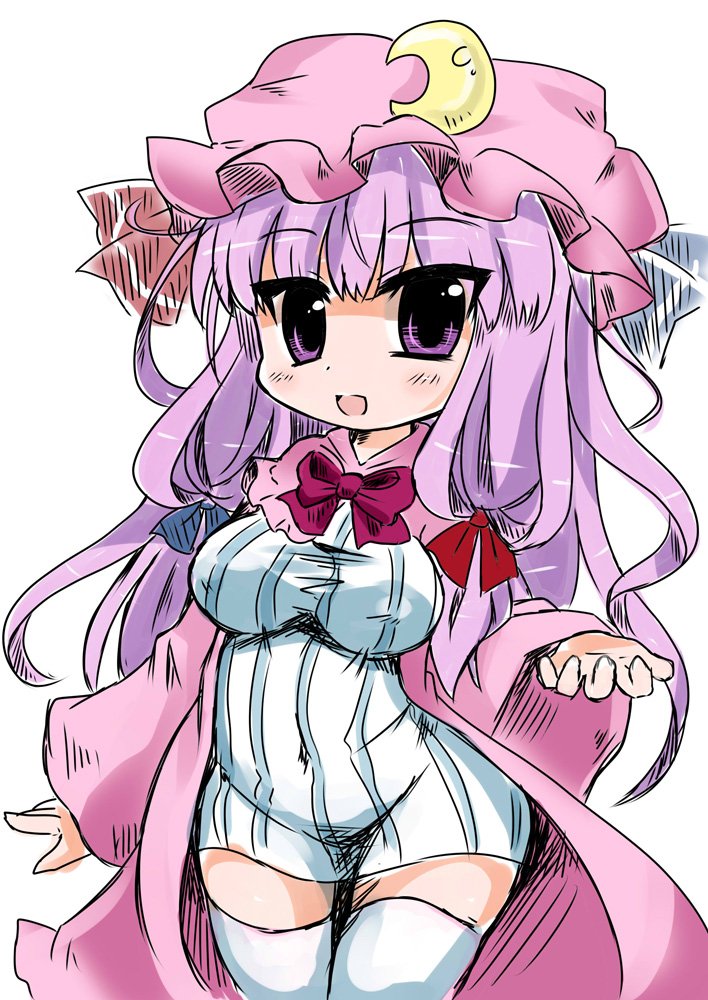 1girl belly bow breasts coat cowboy_shot dress hair_over_shoulder hair_ribbon hand_up hat hips long_hair looking_at_viewer mob_cap noai_nioshi open_clothes open_coat open_mouth patchouli_knowledge purple_coat purple_hair ribbon short_dress simple_background solo striped striped_dress taut_clothes taut_dress thigh-highs thighs touhou tress_ribbon violet_eyes white_background white_legwear zettai_ryouiki