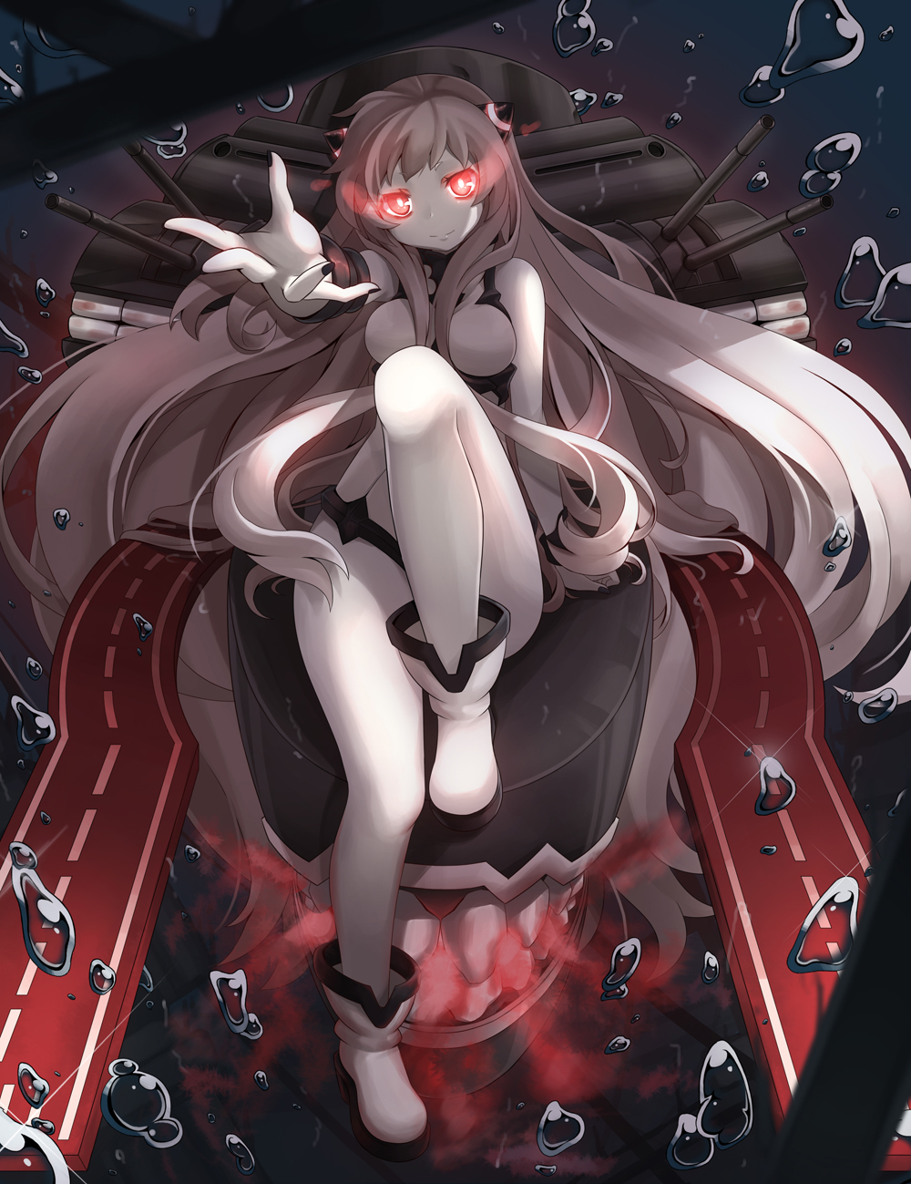 1girl airfield_hime ankle_boots bare_shoulders boots breasts bubble cannon dress glowing glowing_eyes highres horns kantai_collection leg_up leotard long_hair machinery mouth oni_horns pale_skin red_eyes shinkaisei-kan sitting smile solo sora_(dkssud6580) teeth turret underwater very_long_hair water white_hair white_skin