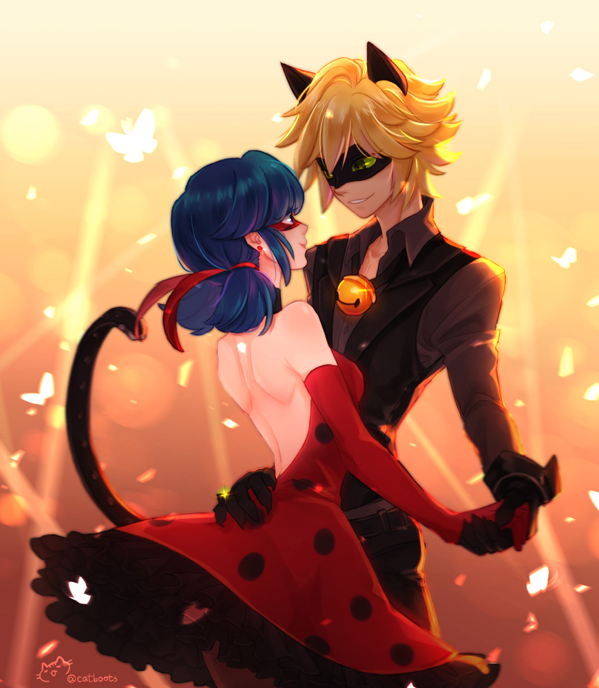 1boy 1girl adapted_costume animal_ears arm_around_waist bare_back bare_shoulders bell bell_choker black_gloves blue_eyes blue_hair butterfly cat_ears cat_tail chat_noir choker couple dancing domino_mask dress ear_studs earrings elbow_gloves eye_contact felix_(miraculous_ladybug) frilled_dress frills gloves green_eyes green_sclera hair_ribbon height_difference hetero holding_hands jewelry kouguchi_neko ladybug_(character) looking_at_another low_twintails marinette_cheng mask miraculous_ladybug polka_dot red_dress red_gloves red_ribbon ribbon smile tail twintails vest