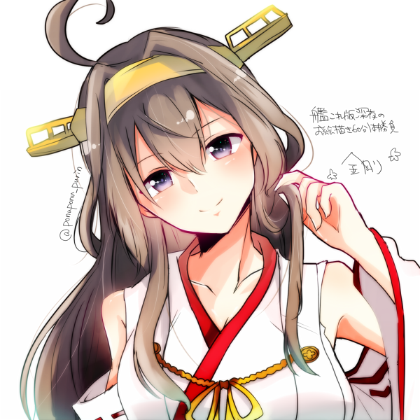1girl ahoge bare_shoulders blush breasts brown_eyes brown_hair collarbone detached_sleeves double_bun hair_ornament hairband hand_in_hair head_tilt headgear kantai_collection kongou_(kantai_collection) large_breasts long_hair looking_at_viewer na_(lukkaluka) nontraditional_miko parted_lips ribbon-trimmed_sleeves ribbon_trim simple_background sketch smile solo translation_request twitter_username upper_body white_background