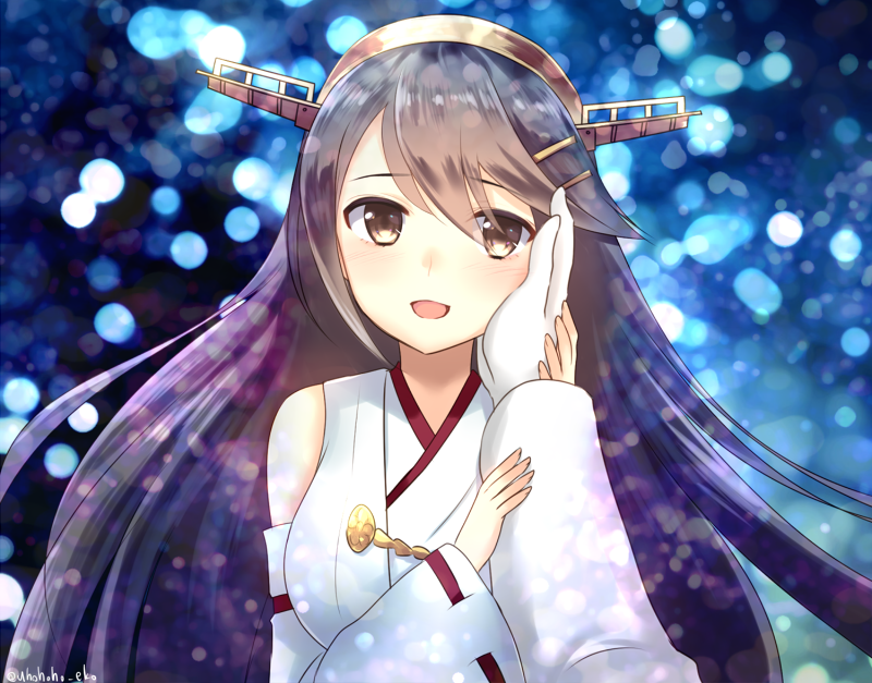 1boy 1girl :d admiral_(kantai_collection) artist_name bare_shoulders black_hair blurry_background blush brown_eyes detached_sleeves eko gloves hair_between_eyes hair_ornament hairclip hand_on_another's_cheek hand_on_another's_face haruna_(kantai_collection) head_tilt headgear kantai_collection long_hair long_sleeves open_mouth pov ribbon-trimmed_sleeves ribbon_trim smile solo_focus upper_body very_long_hair white_gloves