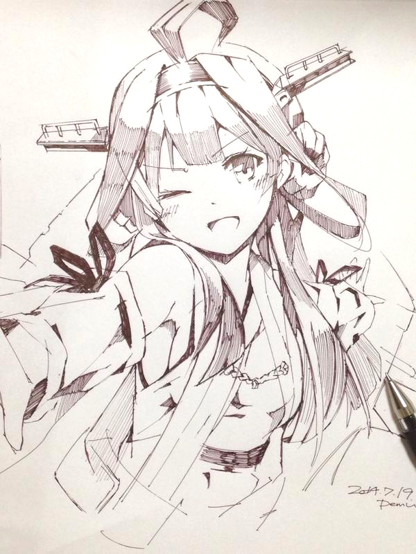 1girl ahoge detached_sleeves double_bun graphite_(medium) headgear kantai_collection kongou_(kantai_collection) looking_at_viewer monochrome nontraditional_miko one_eye_closed open_mouth outstretched_arms photo pomon_illust solo tagme traditional_media upper_body