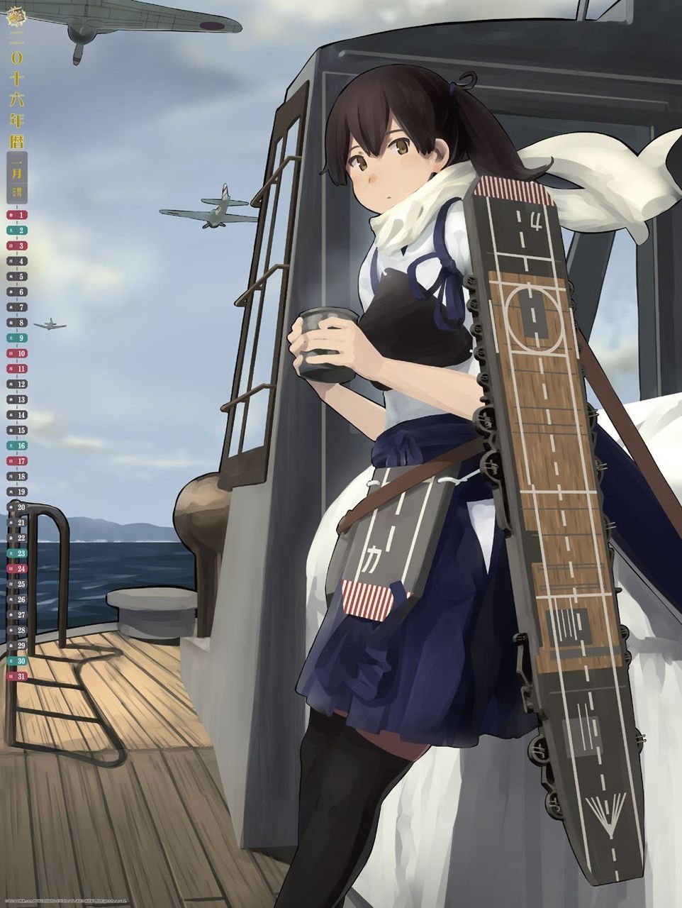 1girl aircraft brown_eyes brown_hair flight_deck highres japanese_clothes kaga_(kantai_collection) kantai_collection ocean official_art scarf shibafu_(glock23) short_hair side_ponytail tea