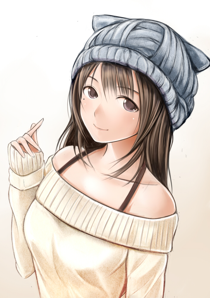 1girl anegasaki_nene animal_hat bare_shoulders blush brown_eyes brown_hair cat_hat collarbone gradient gradient_background hat long_hair long_sleeves looking_at_viewer love_plus mole mole_under_eye nannacy7 off_shoulder simple_background sleeves_past_wrists smile solo strap sweater upper_body white_background