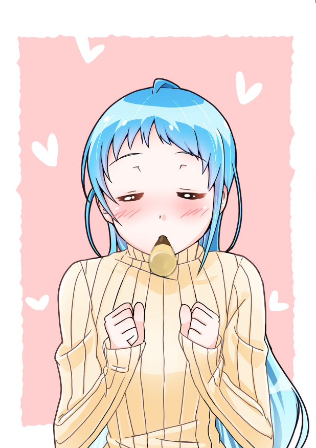1girl alternate_costume blue_hair blush clenched_hand closed_eyes heart kantai_collection long_hair mouth_hold pocky pocky_day samidare_(kantai_collection) sweater yokoshima_(euphoria)