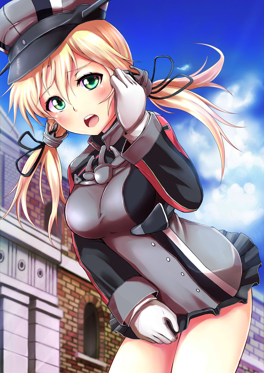 1girl artist_request blonde_hair blush breasts cleavage gloves hair_ornament hat highres kantai_collection long_hair military military_uniform open_mouth peaked_cap prinz_eugen_(kantai_collection) solo twintails uniform