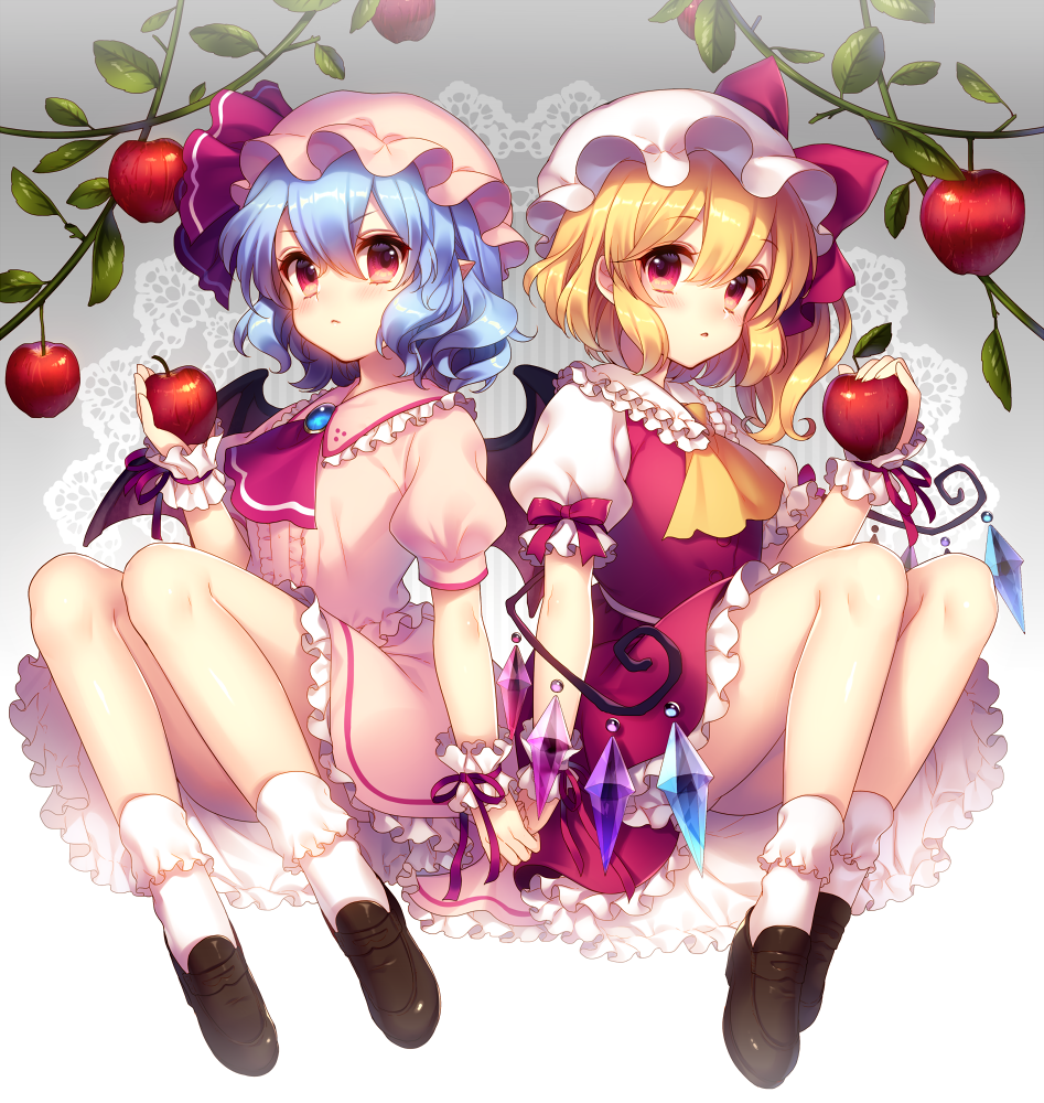 2girls :o apple bat_wings black_shoes blonde_hair blue_eyes blush bow cravat crystal demon_girl dress flandre_scarlet food frilled_collar fruit full_body gem gradient gradient_background grey_background hair_between_eyes hat hat_bow holding holding_fruit jewelry leaf legs looking_at_viewer masaru.jp mob_cap multiple_girls parted_lips pink_dress pointy_ears puffy_short_sleeves puffy_sleeves purple_ribbon red_bow red_eyes red_skirt red_vest remilia_scarlet ribbon sapphire_(stone) shoes short_hair short_sleeves siblings simple_background sisters skirt skirt_set socks touhou vampire white_legwear wings