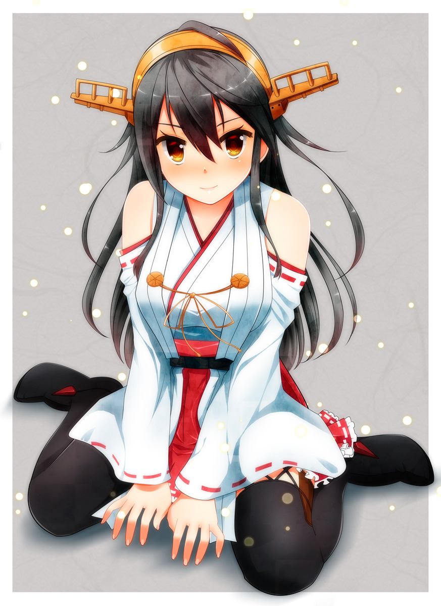 1girl bare_shoulders black_hair boots breasts brown_eyes detached_sleeves hair_ornament hairband hairclip haruna_(kantai_collection) headgear highres japanese_clothes kantai_collection long_hair nontraditional_miko remodel_(kantai_collection) sitting skirt smile solo thigh-highs thigh_boots wariza weavehabit