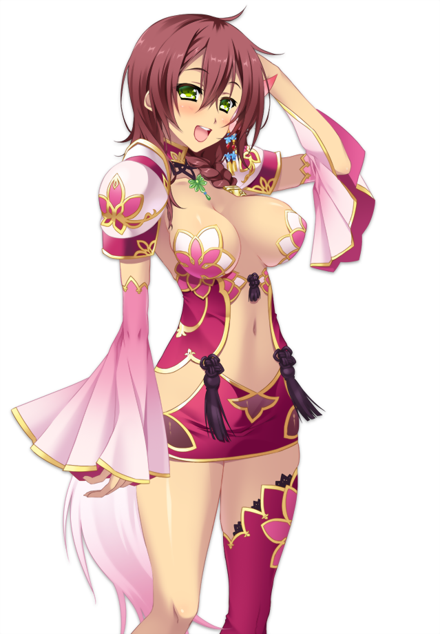 1girl blush breasts brown_hair cleavage dark_skin dress elbow_gloves gloves green_eyes hand_behind_head hikage_eiji koihime_musou large_breasts long_hair long_sleeves no_bra open_mouth revealing_clothes short_dress shoulder_pads simple_background smile solo white_background