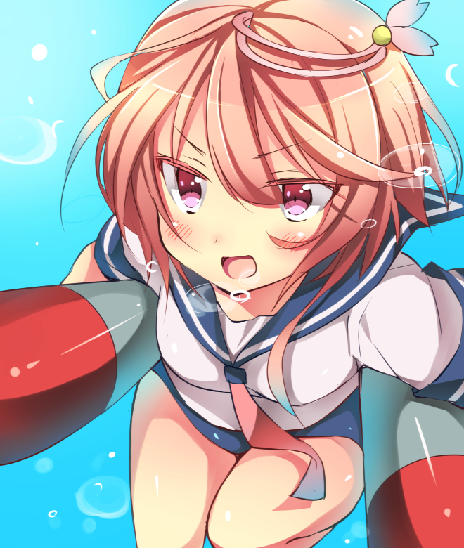 1girl :d ahoge blue_background blush breasts bubble hair_between_eyes hair_ornament holding_torpedo i-58_(kantai_collection) kantai_collection open_mouth pink_eyes pink_hair school_swimsuit school_uniform serafuku short_hair sk02 smile solo swimsuit swimsuit_under_clothes thighs torpedo underwater water