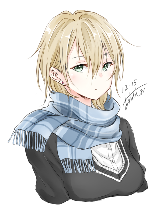 1girl :o aoi_rin_(miya1102) artist_name black_shirt blonde_hair blue_scarf blush buttons dated earrings green_eyes hair_between_eyes jewelry looking_at_viewer original parted_lips plaid plaid_scarf scarf shirt short_hair signature simple_background solo upper_body white_background white_blouse