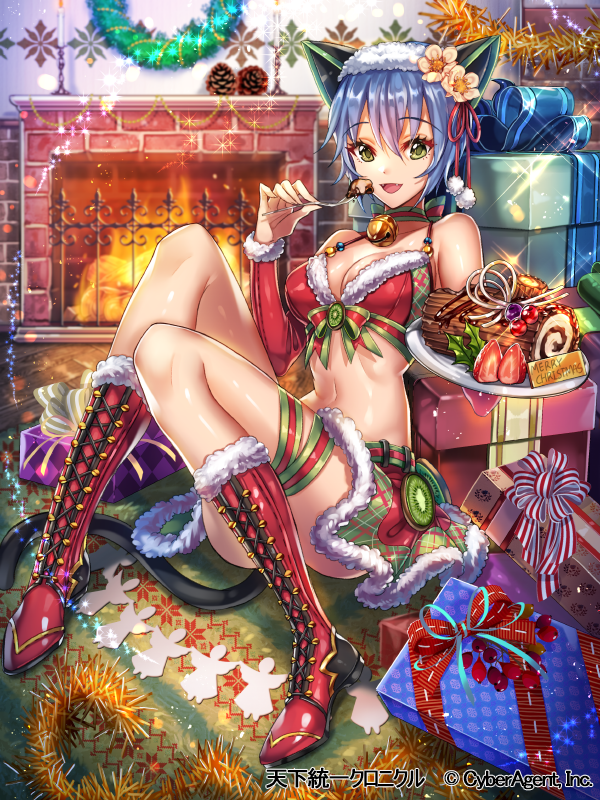 1girl :d animal_ears argyle bangs bell bell_choker belt blue_hair boots bow box breasts cake candle cat_ears choker christmas christmas_ornaments cleavage cross-laced_footwear detached_sleeves eyebrows eyebrows_visible_through_hair fangs fire fireplace flower food fruit fur_trim gift gift_box hair_between_eyes hair_flower hair_ornament hairband holding holding_fork indoors interitio kiwifruit lace-up_boots looking_at_viewer merry_christmas midriff miniskirt navel open_mouth plate red_boots red_ribbon ribbon rug santa_costume short_hair sitting skirt smile solo sparkle strawberry striped striped_bow striped_ribbon tenka_touitsu_chronicle upskirt wooden_floor yellow_eyes