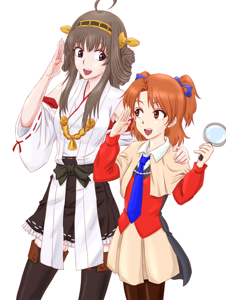 2girls :d ahoge anbj black_legwear bow brown_eyes brown_hair brown_legwear crossover detached_sleeves double_bun hair_bow hair_ribbon hairband height_difference holding kantai_collection kongou_(kantai_collection) long_hair magnifying_glass multiple_girls nontraditional_miko open_mouth pantyhose pleated_skirt ribbon salute sister_princess skirt smile two_side_up yotsuba_(sister_princess)