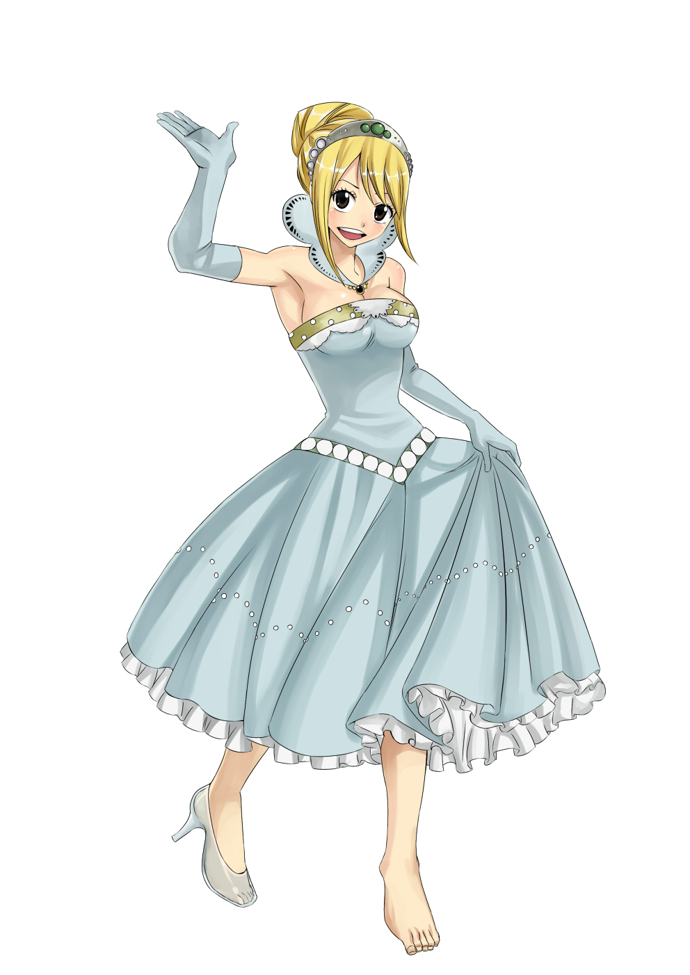 1girl barefoot blonde_hair brown_eyes diadem dress elbow_gloves fairy_tail gloves highres looking_at_viewer lucy_heartfilia open_mouth simple_background solo strapless_dress white_background xsorax812