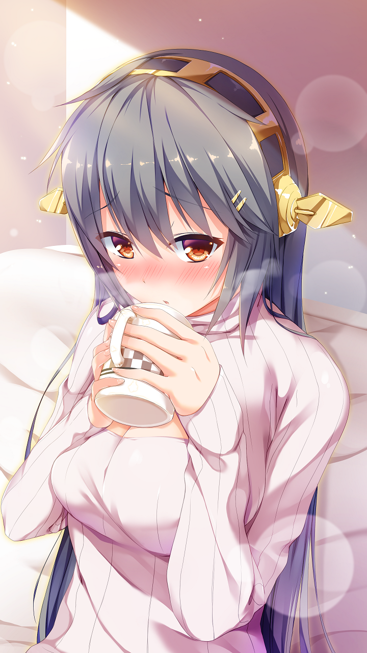 1girl :o bed_sheet black_hair blush breasts cleavage cleavage_cutout hair_ornament hairclip haruna_(kantai_collection) headgear highres holding_cup kantai_collection long_hair long_sleeves morning nose_blush on_bed open-chest_sweater orange_eyes parted_lips solo steam sunlight sweater upper_body vertical_stripes very_long_hair yuumaru_(you-mya)