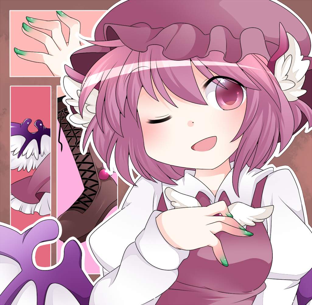 1girl commentary_request cross-laced_footwear hammer_(sunset_beach) hat head_wings mystia_lorelei nail_polish one_eye_closed open_mouth pink_eyes pink_hair short_hair smile solo touhou upper_body wings