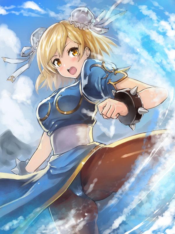1girl ass_visible_through_thighs blonde_hair blue_dress bracelet breasts bun_cover china_dress chinese_clothes chun-li chun-li_(cosplay) commentary_request cosplay djeeta_(granblue_fantasy) double_bun dress edobox granblue_fantasy jewelry kicking leg_up open_mouth outdoors panties pantyhose pantyshot pelvic_curtain short_hair side_slit sky solo spiked_bracelet spikes street_fighter underwear yellow_eyes