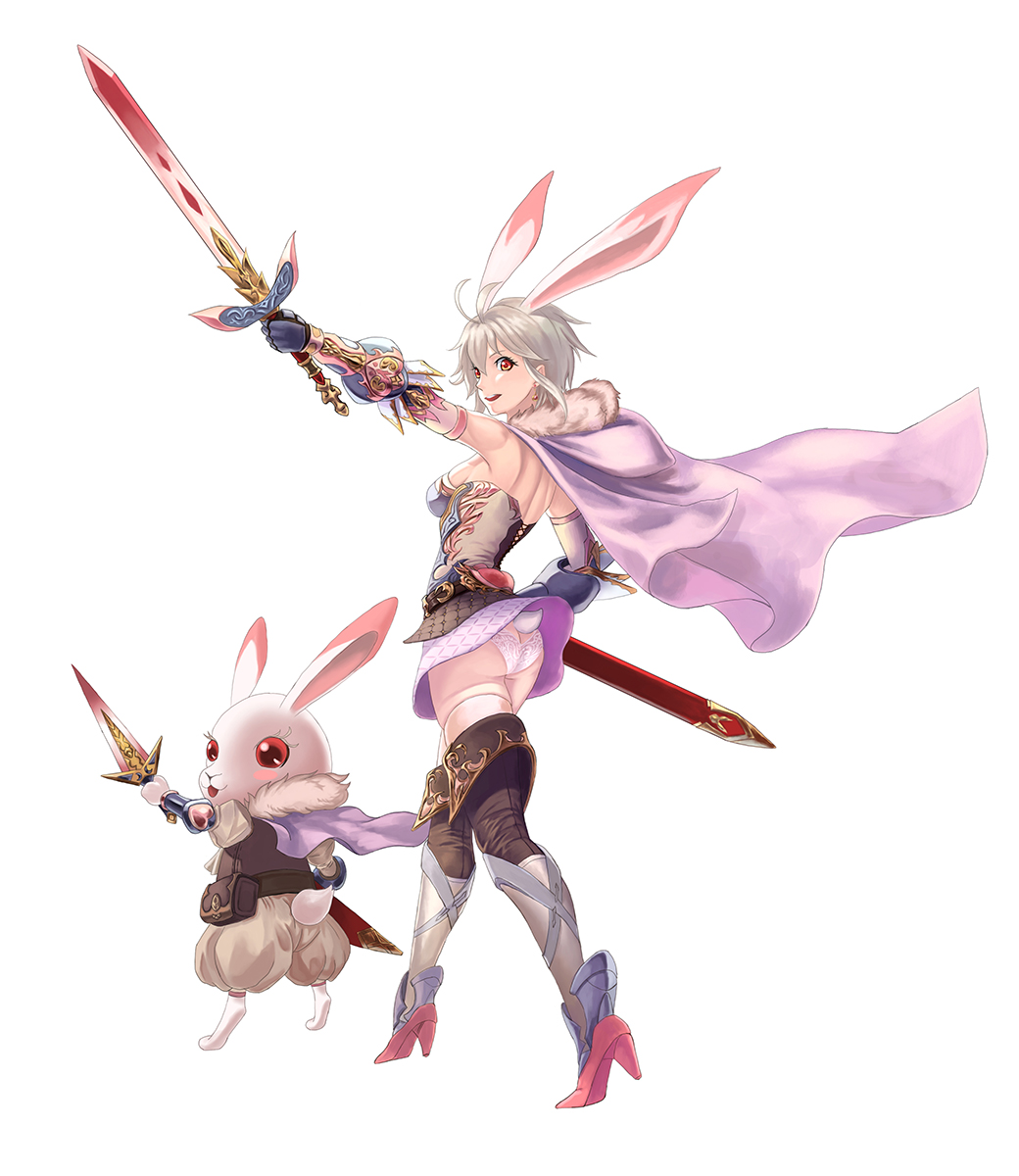 1girl animal_ears boots bunny_tail butt_crack capelet elbow_gloves fur gloves highres looking_at_viewer looking_back panties rabbit rabbit_ears red_eyes sheath shoulder_blades simple_background smile sword tail thigh-highs underwear weapon white_hair wolfedge zettai_ryouiki