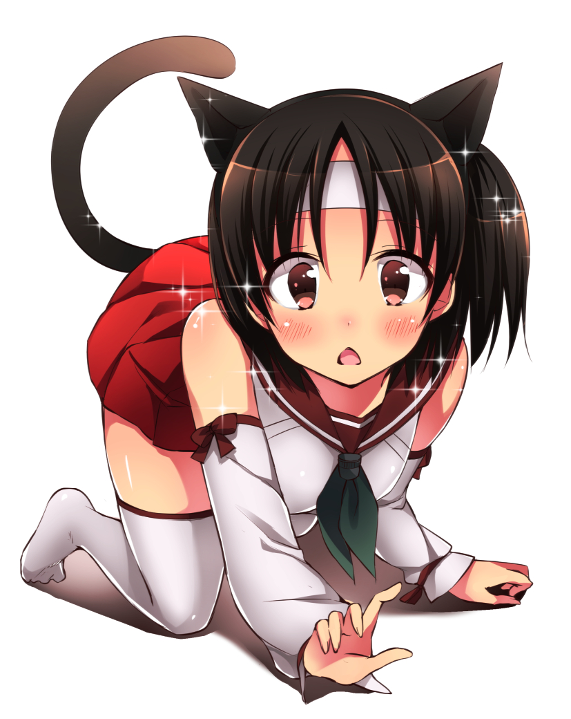 1girl :&lt; all_fours animal_ears bare_shoulders black_hair blush breasts cat_ears cat_girl cat_tail crawling detached_sleeves headband japanese_clothes kantai_collection kemonomimi_mode looking_at_viewer miko nagara_(kantai_collection) open_mouth pleated_skirt red_skirt school_uniform serafuku short_hair side_ponytail sk02 skirt solo sparkle tail thigh-highs triangle_mouth white_legwear zettai_ryouiki