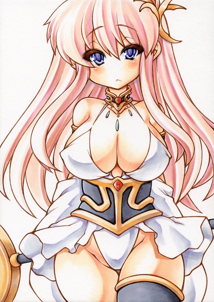 1girl bare_shoulders blush breasts choker cleavage hair_ornament kido_saori large_breasts long_hair marker_(medium) millipen_(medium) no_nose pink_hair saint_seiya solo staff thigh-highs traditional_media violet_eyes yutakasan-love