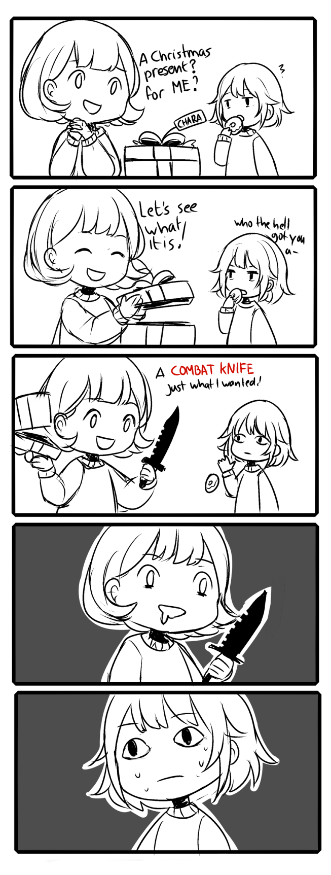 5koma androgynous chara_(undertale) combat_knife comic doughnut drooling eating english food frisk_(undertale) gift highres knife nervous spoilers spot_color surprised sweater sweating_profusely tagme undertale utggs weapon what_if wide-eyed