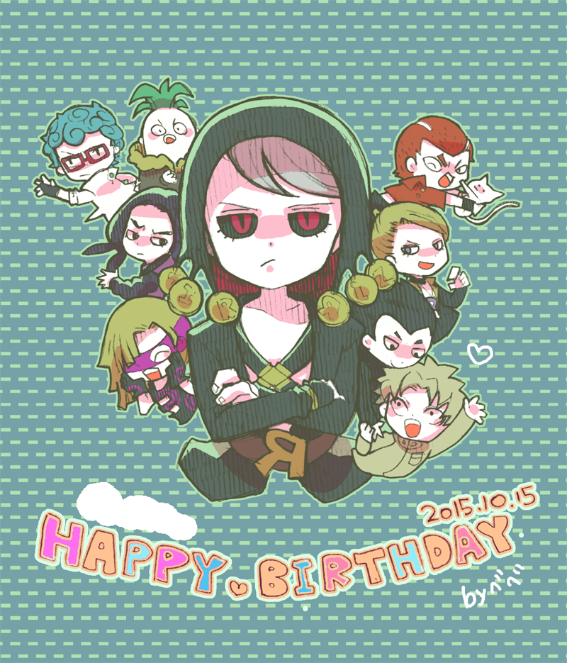 :3 bebe_(ad234_tenrou) black_hair black_sclera blonde_hair blue_hair cat chibi closed_eyes crossed_arms curly_hair dated formaggio gelato ghiaccio glasses gloves green_hair grey_hair hands_on_own_cheeks hands_on_own_face happy_birthday hat heart illuso jojo_no_kimyou_na_bouken mask melone one_eye_closed open_mouth pesci prosciutto quad_tails red_eyes redhead risotto_nero smile sorbet