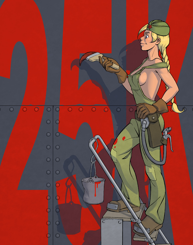 1girl alexey_lipatov blonde_hair boots braid breasts brown_gloves from_side full_body garrison_cap gloves hand_on_hip hat hits long_hair no_bra nose original overalls paint_can paint_splatter paintbrush shirtless sideboob single_braid smile solo strap_slip tool_belt