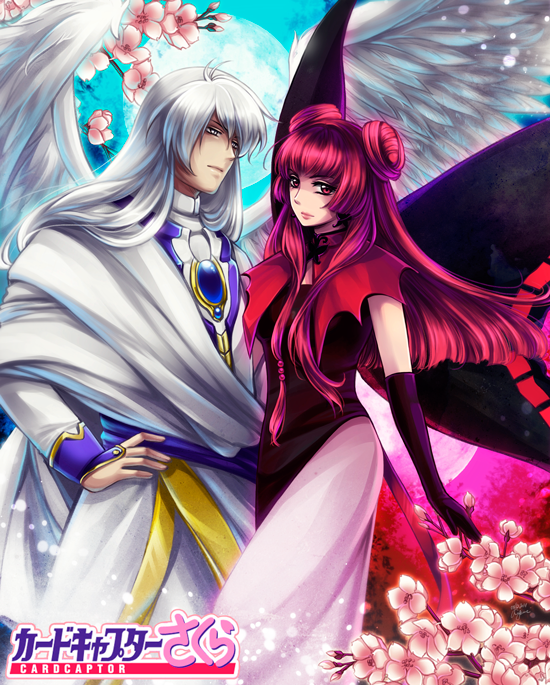 1boy androgynous angel_wings black_gloves butterfly_wings cardcaptor_sakura cherry_blossoms copyright_name double_bun elbow_gloves elena_ivlyushkina feathered_wings flower full_moon gloves hime_cut logo long_hair moon redhead ruby_moon silver_hair very_long_hair white_wings wings yue_(ccs)