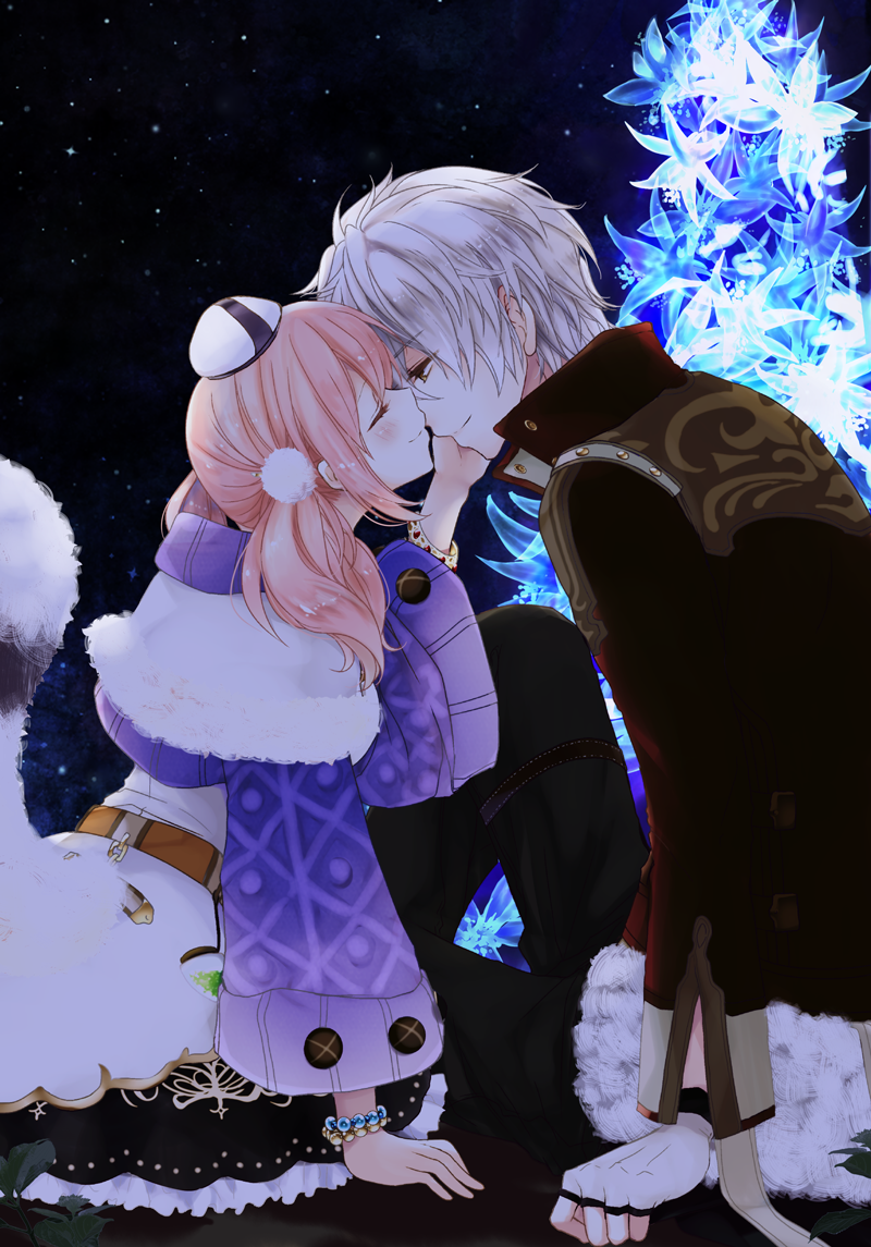 1boy 1girl amiko_(frostedchocolate) atelier_(series) atelier_escha_&amp;_logy closed_eyes couple escha_malier hat hetero incipient_kiss logix_ficsario long_hair looking_at_another pink_hair short_hair twintails white_hair yellow_eyes