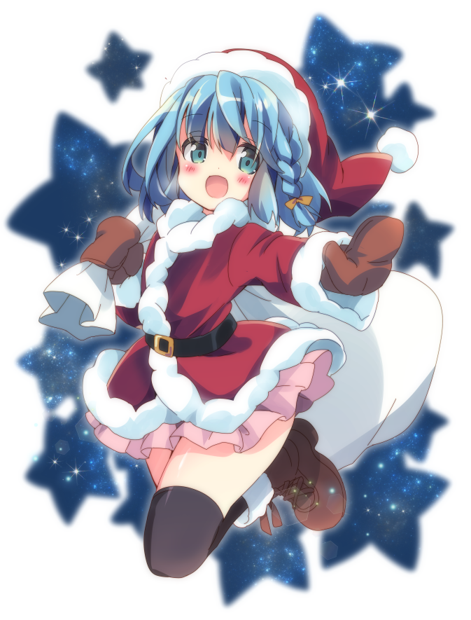 1girl :d belt black_legwear blue_eyes blue_hair blush boots braid character_request commentary_request copyright_request hat mittens neneko-n open_mouth over-kneehighs sack santa_costume santa_hat short_hair skirt sky smile solo star star_(sky) starry_sky thigh-highs