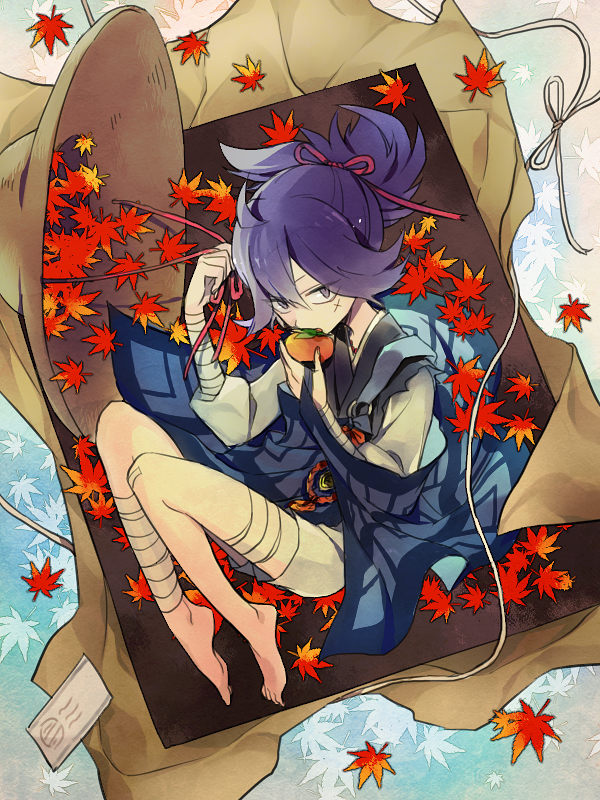 1boy autumn_leaves bandages blue_eyes blue_hair box food from_above fruit hat hat_removed headwear_removed japanese_clothes leaf lying male_focus on_side persimmon ponytail sayo_samonji scar touken_ranbu wato_samirika